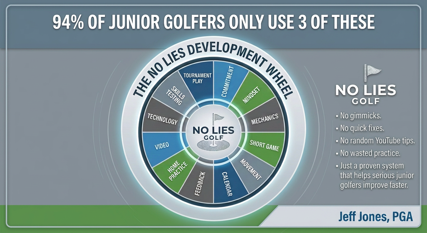 The No Lies Development Wheel - 12 key areas of junior golf development including Tournament Play, Commitment, Mindset, Mechanics, Short Game, Movement, Calendar, Feedback, Home Practice, Video, Technology, and Skills Testing