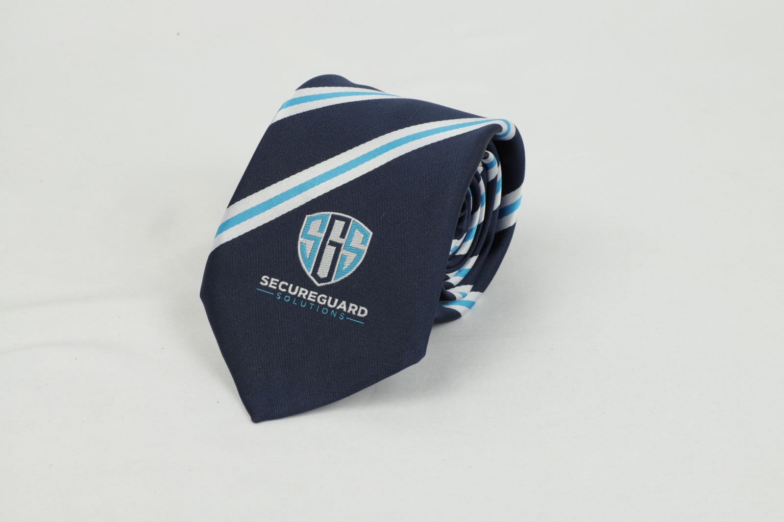 Secureguard Solutions custom navy and cyan striped tie
