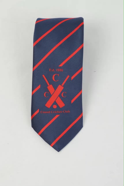 Navy and red striped Cround Cricket Club tie (Est. 1880) with crossed bats crest