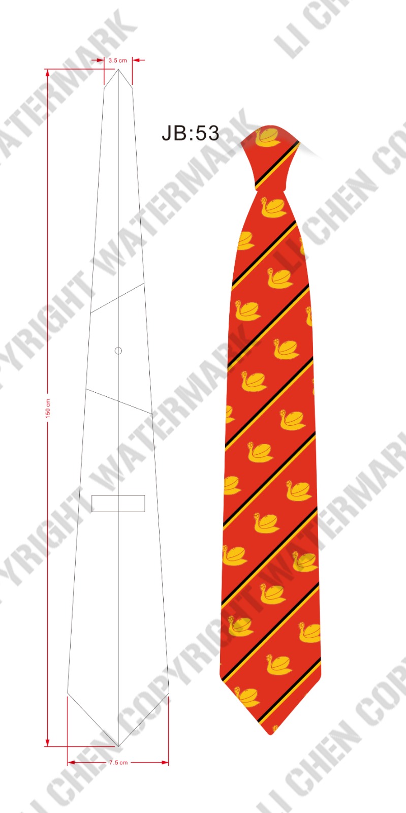Technical specification of a custom tie — 7.5 cm blade, 150 cm length