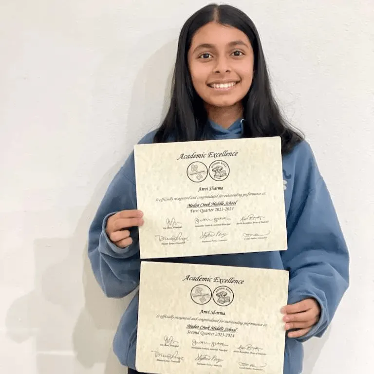 Anvi, MathFit Kid with Academic Excellence certificates