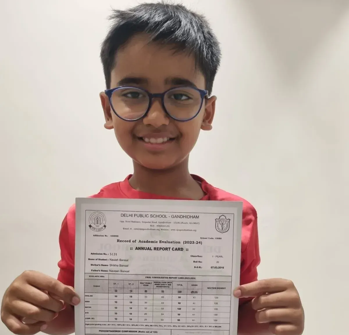 Navish, Grade 3 MathFit Kid with perfect math report card