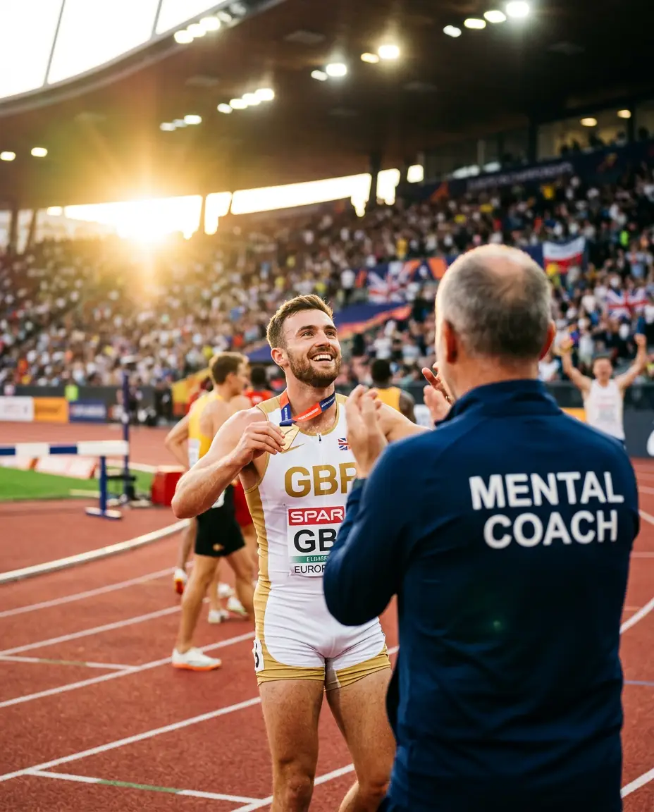 European Athlete celebrating victory with his Mental Coach
