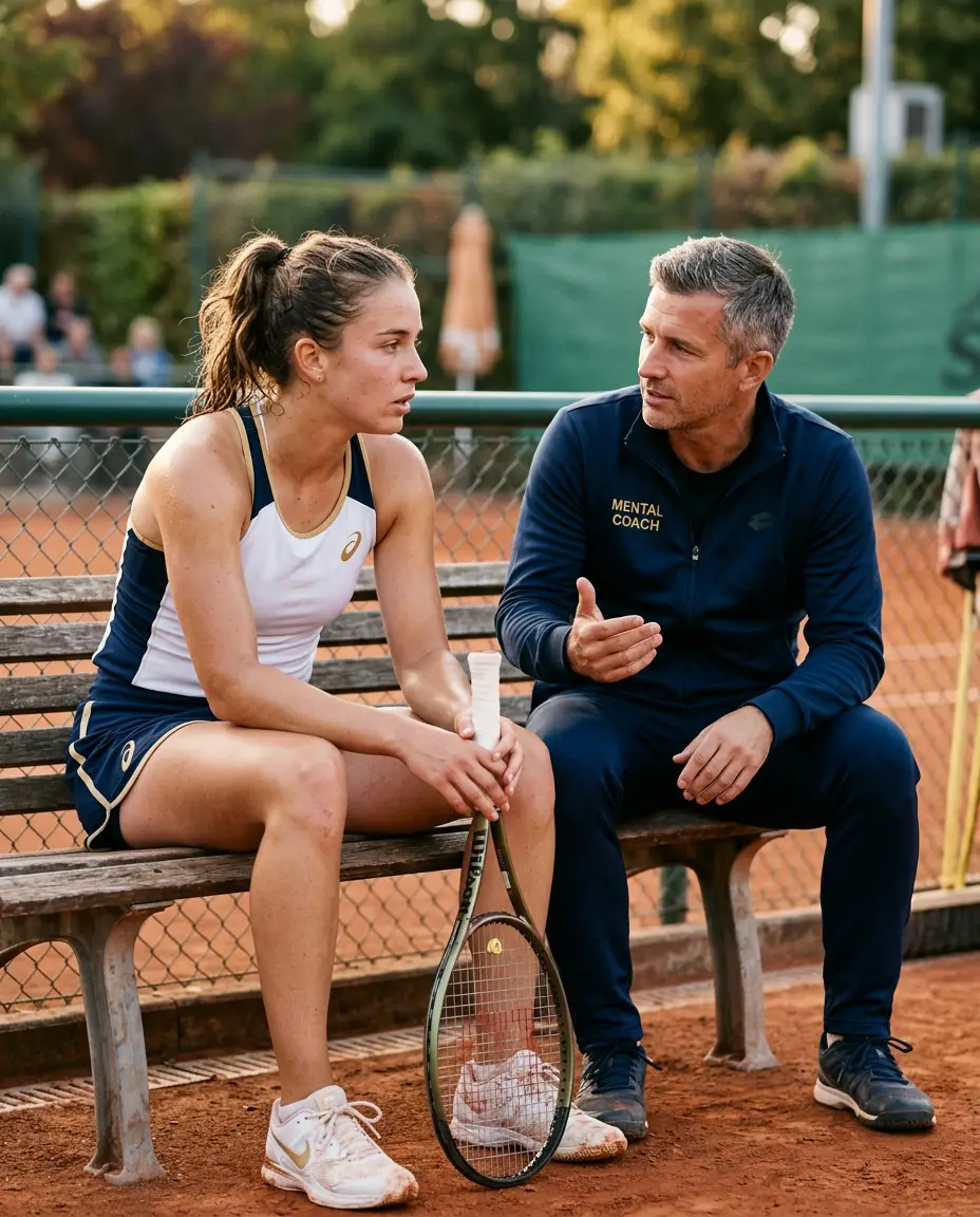 Tennis player in deep focused conversation with her Mental Coach