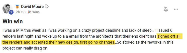 David Moore: client signed off all six renders, first go, no changes