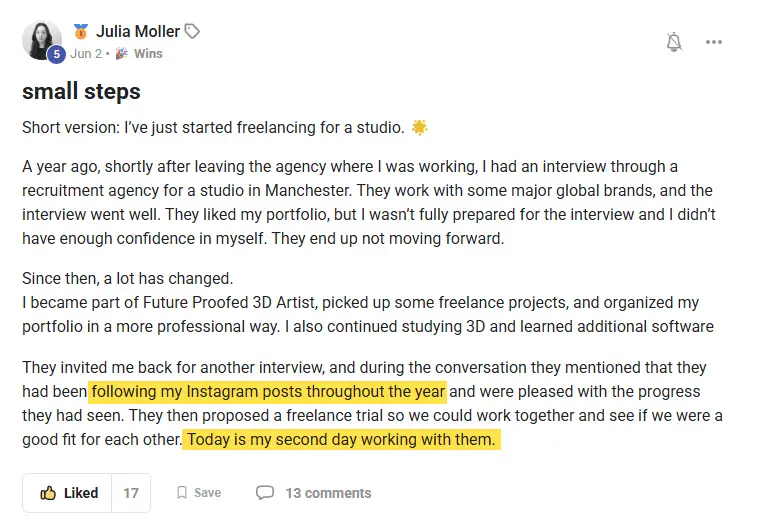 Julia Moller: a studio that turned her down a year ago had been following her progress and proposed a freelance trial
