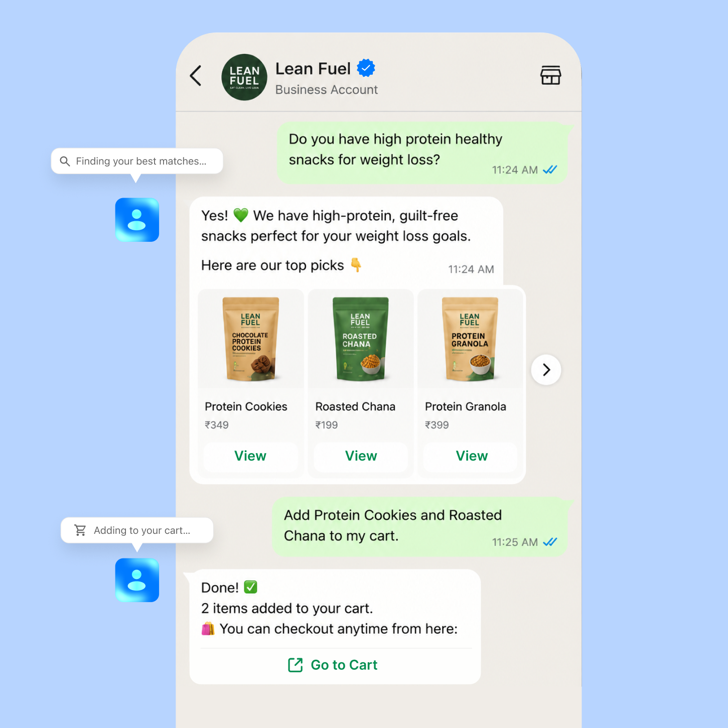 AI Agent recommending products and adding to cart in a real WhatsApp chat