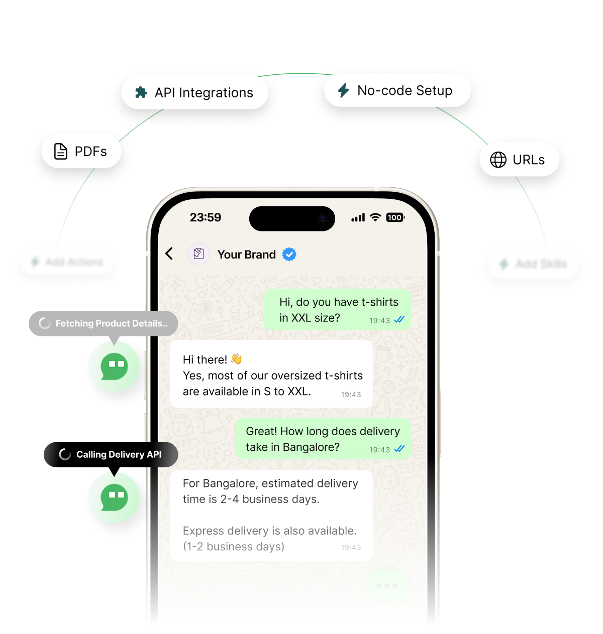 AiSensy WhatsApp AI Agent — phone with API Integrations, No-code Setup, PDFs, URLs, Fetching Product Details, Calling Delivery API