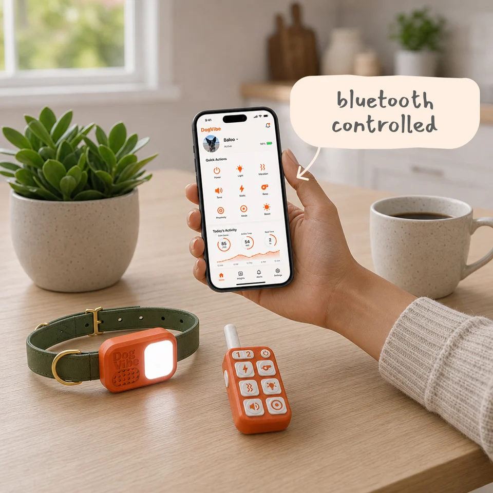 DogVibe phone app showing training controls