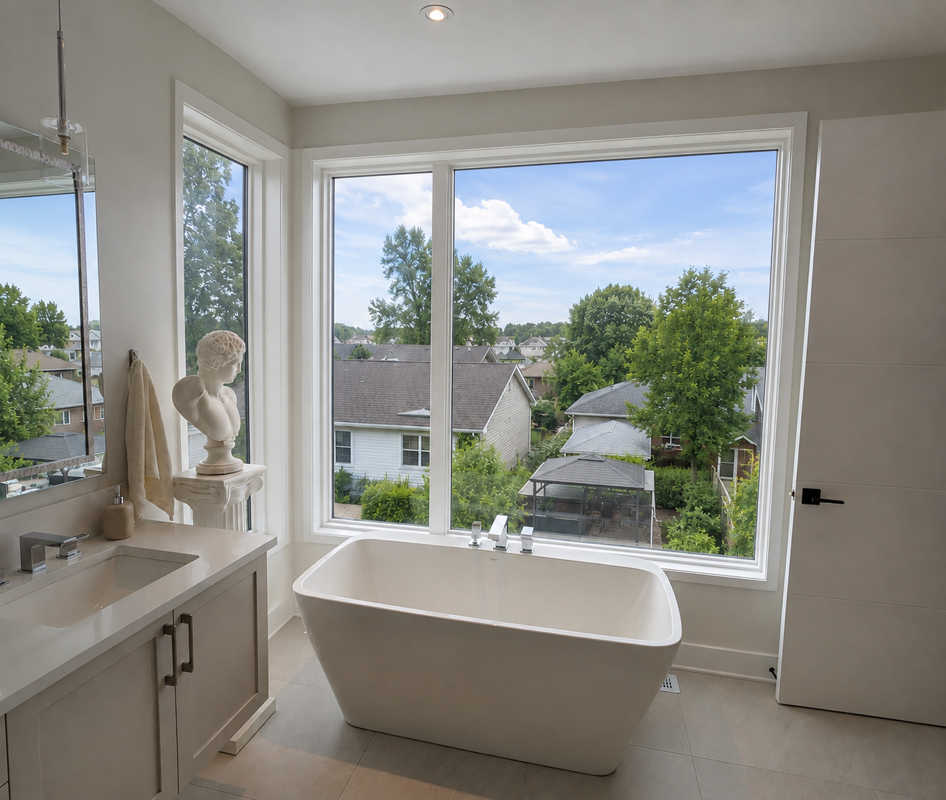 Same master bathroom with bare window before blinds were installed