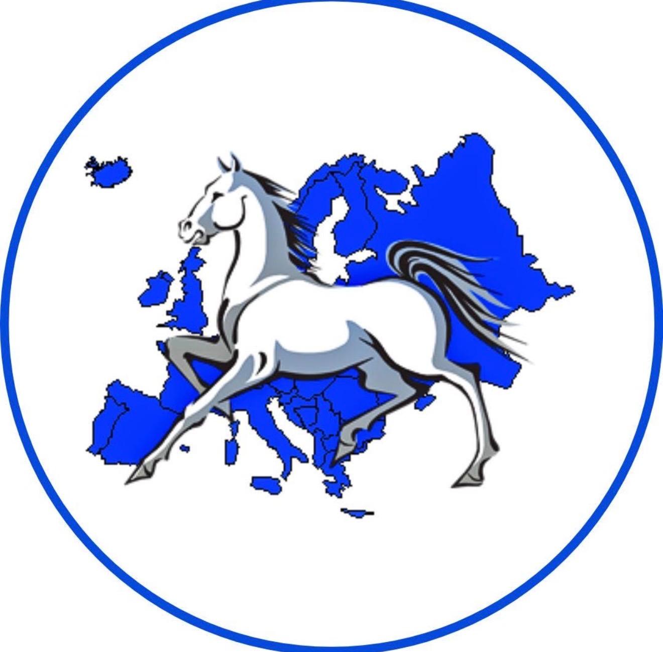 Horse transport company logo — galloping horse over a map of Europe