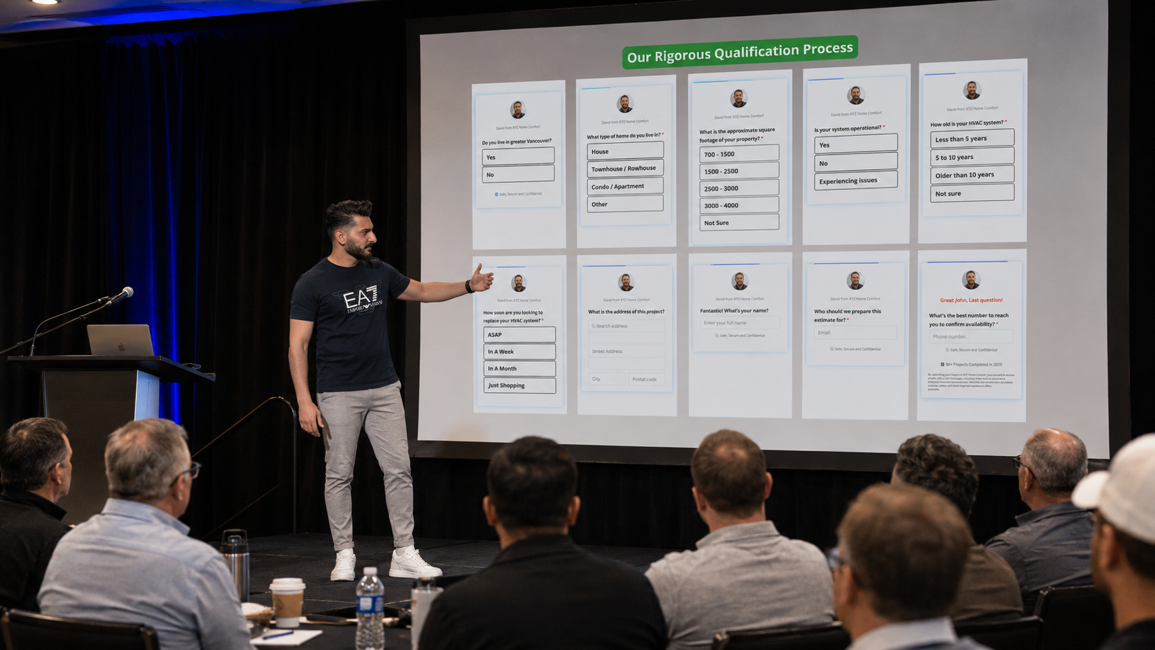 7Figure Contractor founder presenting the rigorous qualification process on stage