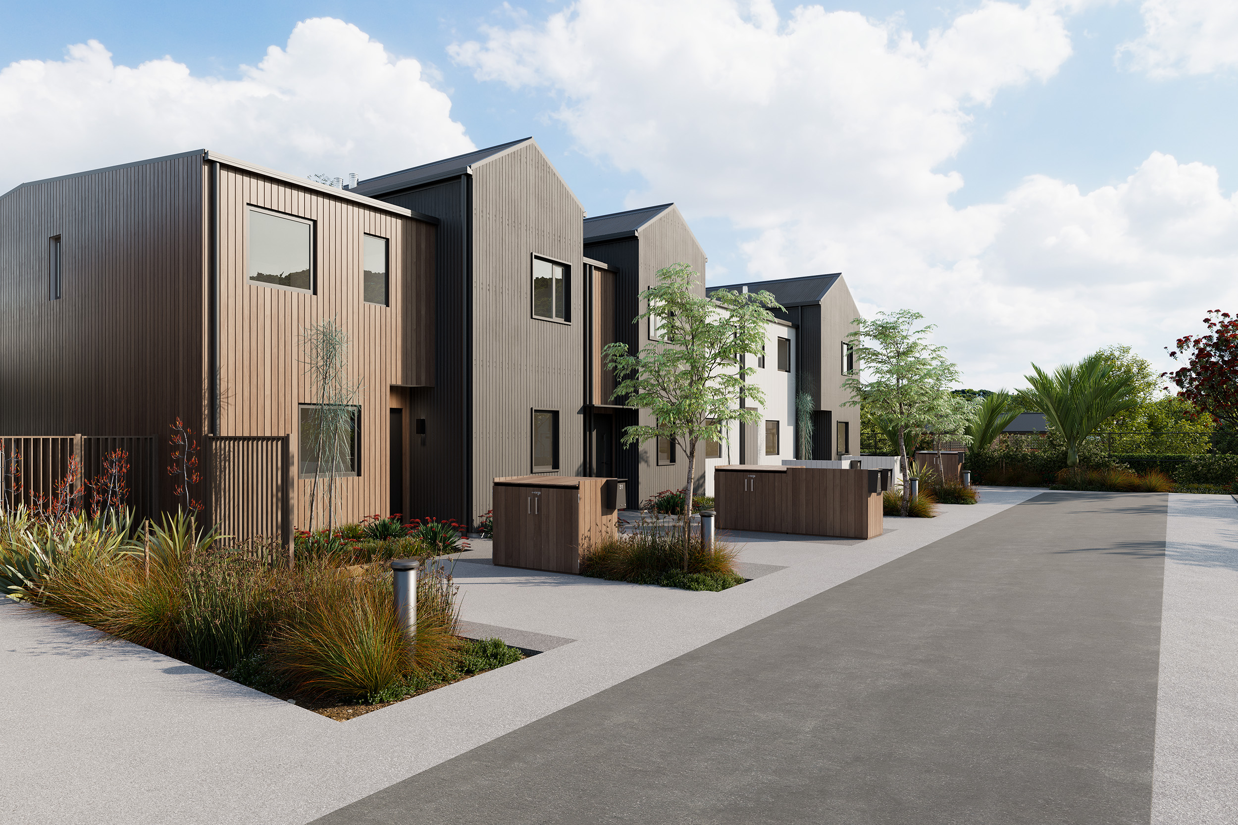 Pukekura The Parade laneway with townhouse exteriors and established plantings
