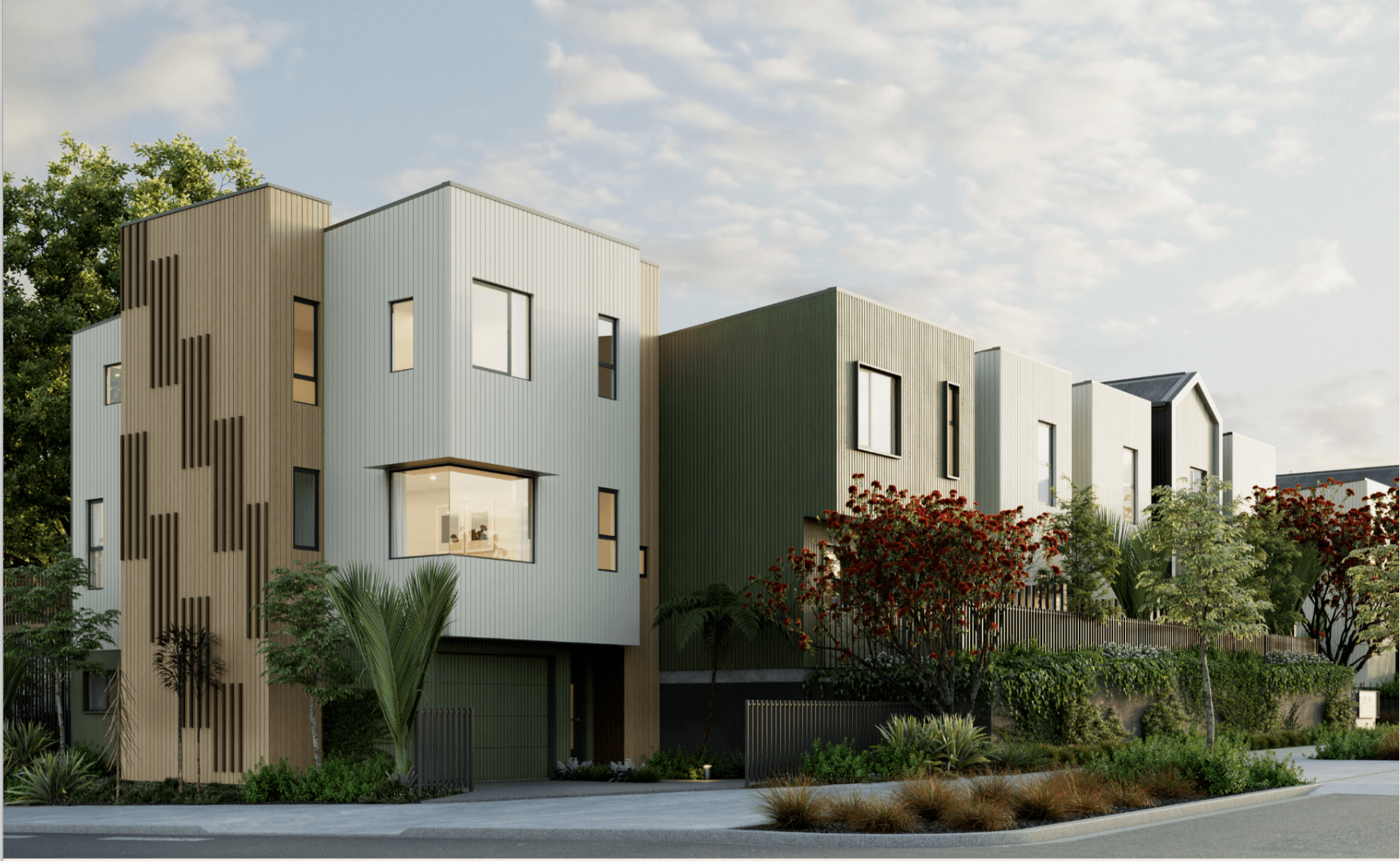 Architectural exterior render of Pukekura townhouses with sage, cream and olive cladding and mature plantings
