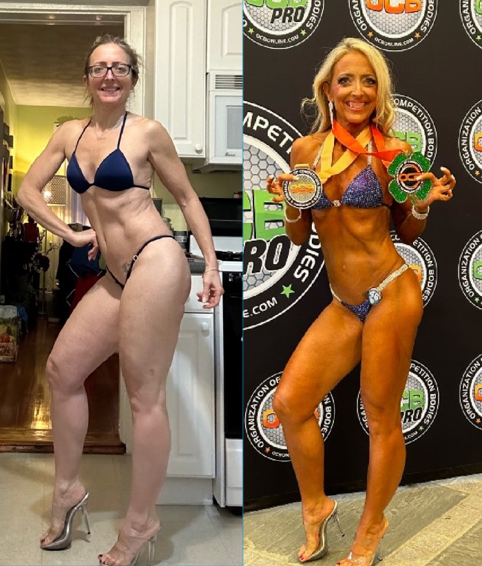 Melissa before and after winning at OCB Bikini competition