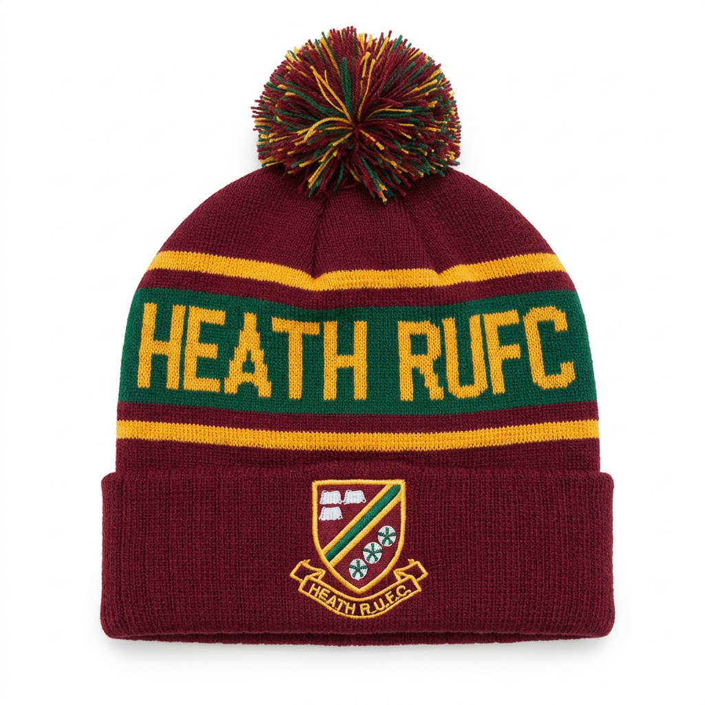Custom knit bobble hats with club name and embroidered crest
