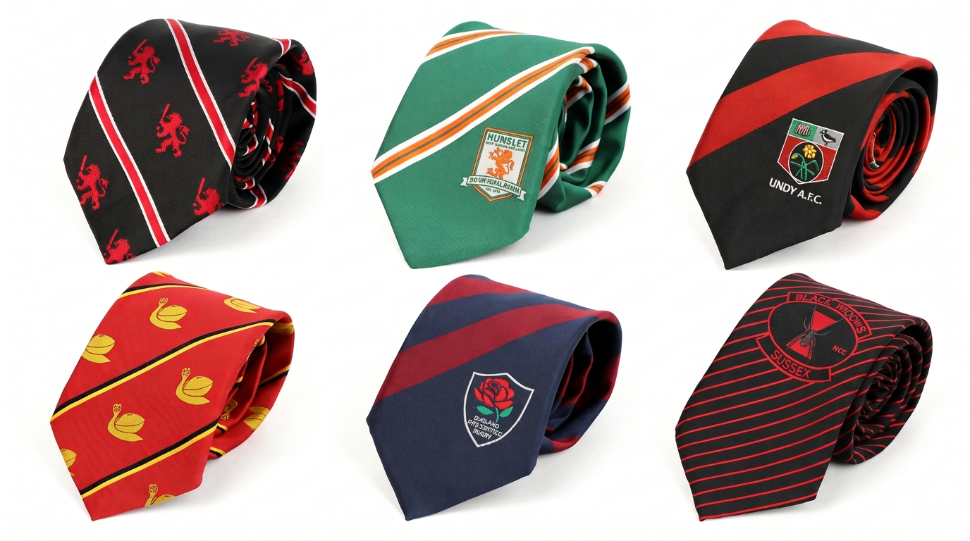Six premium custom club ties: Hunslet, England, Sussex, rugby, and more