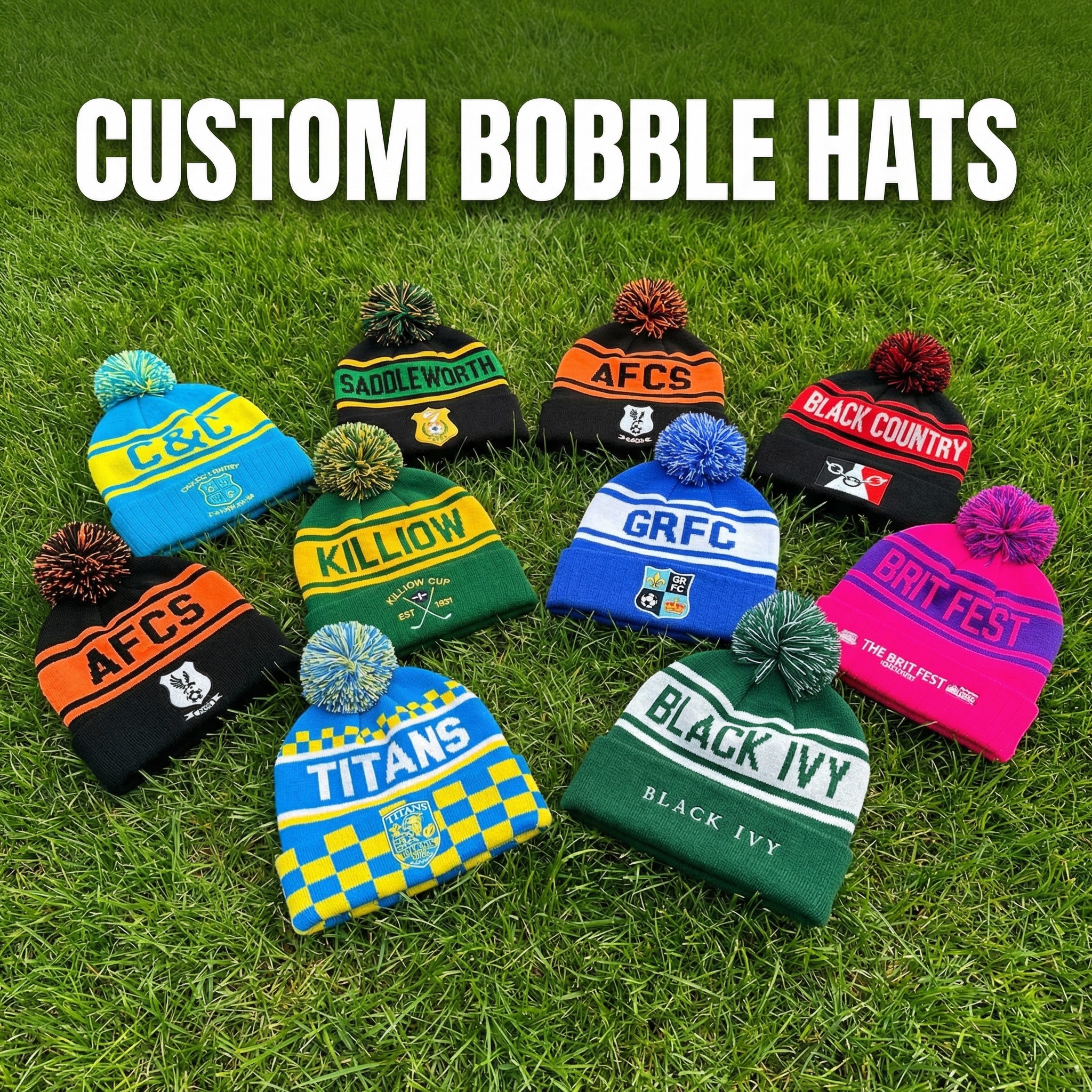 Custom bobble hats arranged on grass with CUSTOM BOBBLE HATS headline banner