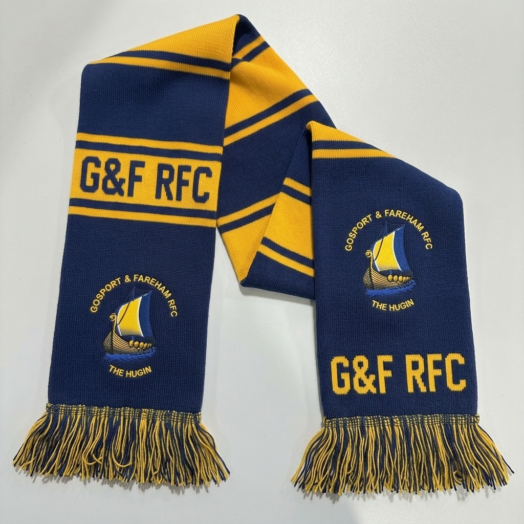 Custom knit club scarves with embroidered crest and fringe