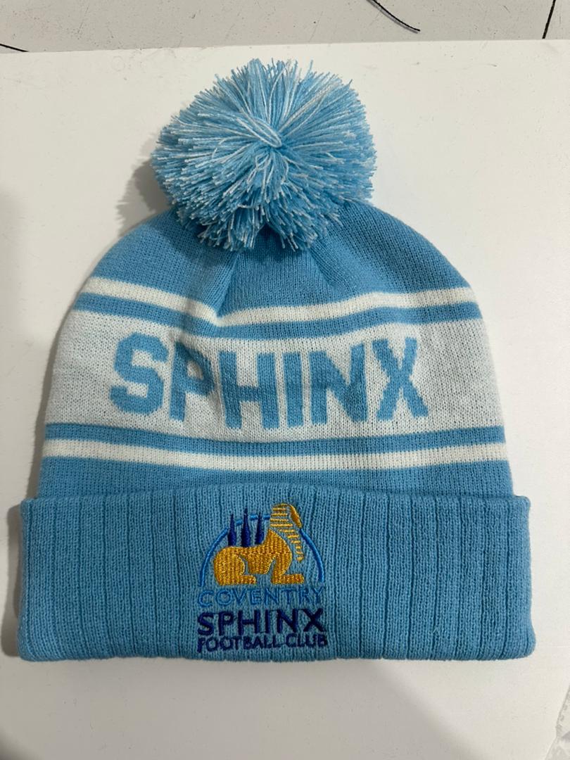 Coventry Sphinx FC custom sky blue and white bobble hat with SPHINX knitted band and lion crest patch