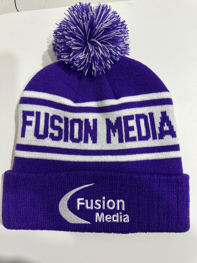 Fusion Media custom purple and white bobble hat with FUSION MEDIA knitted band and Fusion Media crescent patch
