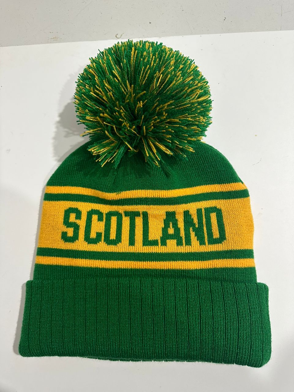 Scotland custom green and yellow bobble hat with knitted SCOTLAND band