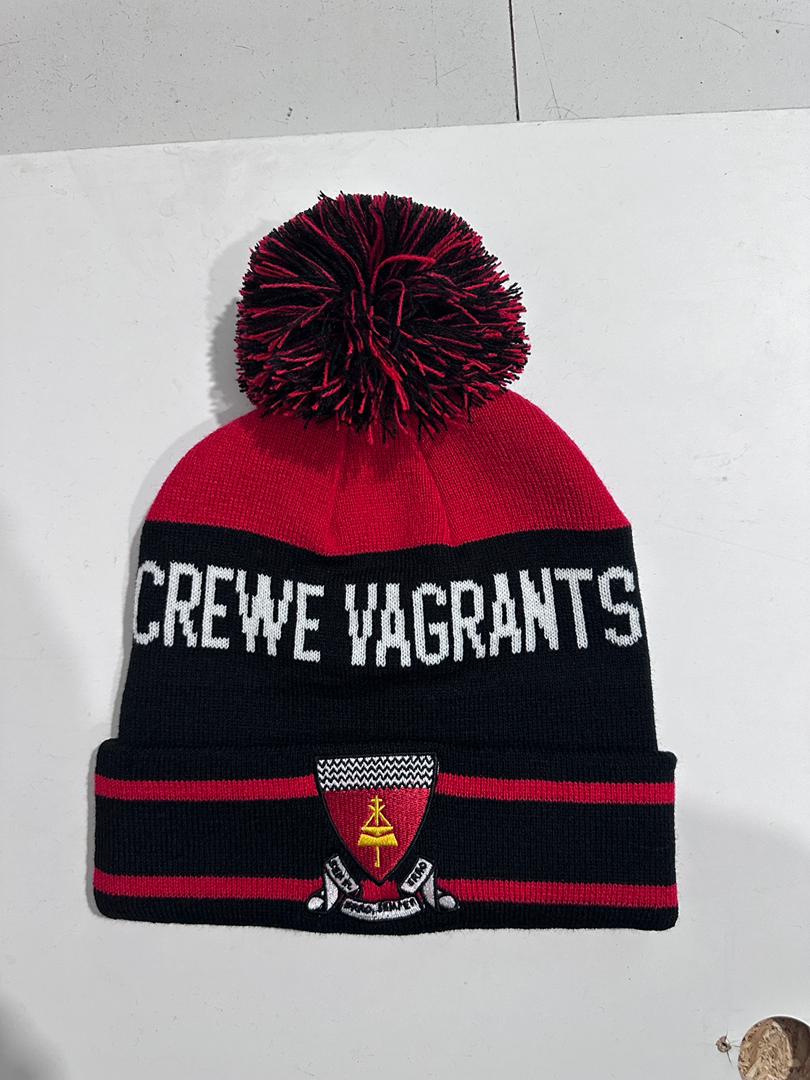 Crewe Vagrants custom red and black bobble hat with Crewe Vagrants shield crest