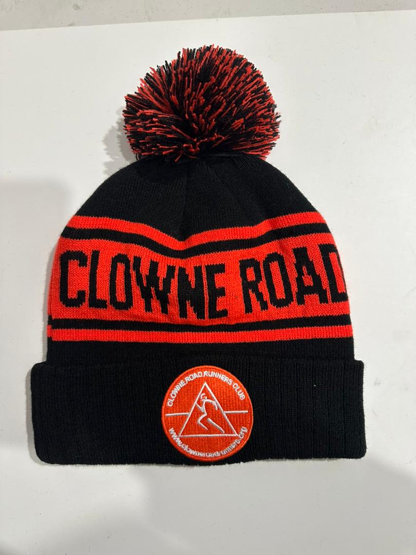 Clowne Road Runners custom black and red bobble hat with Clowne Road Runners Club round patch