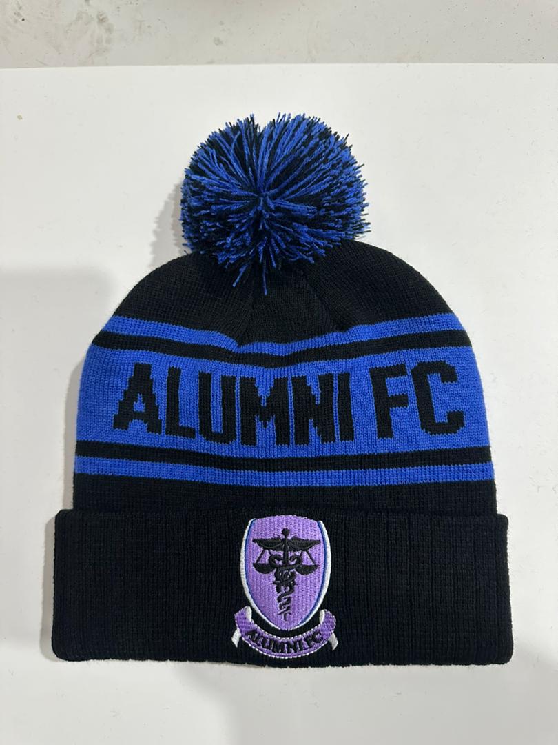 Alumni FC custom black and blue bobble hat with purple medical caduceus crest patch