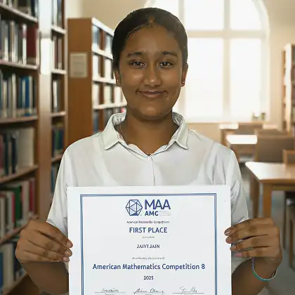 Jaivi Jain, Grade 9, holding MAA AMC First Place certificate