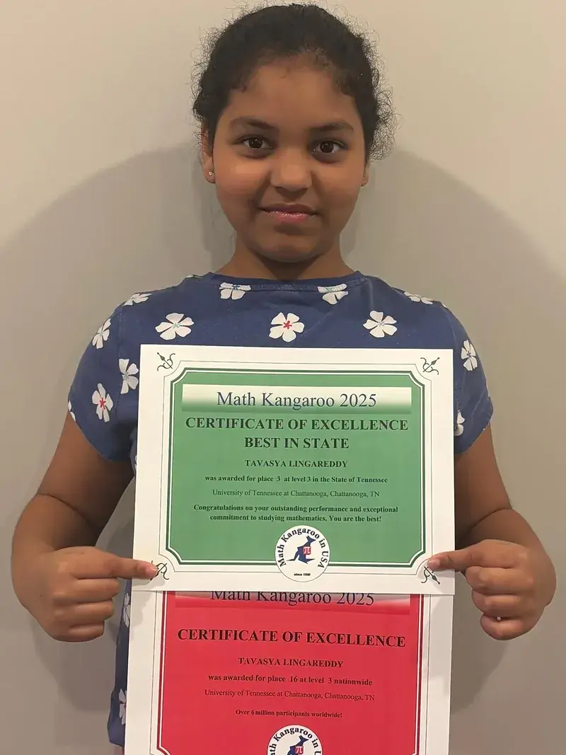 Tavasya Lingareddy, Grade 4, holding Math Kangaroo 2025 Best in State & National certificates