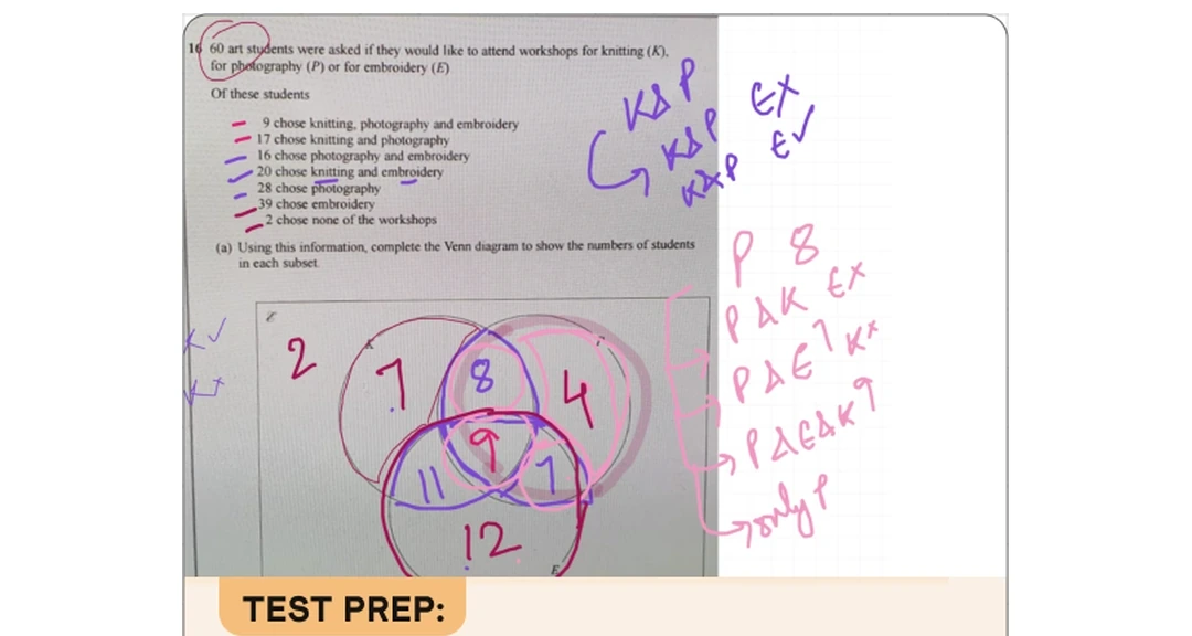 Cuemath test prep — Venn diagram problem with handwritten set notation working