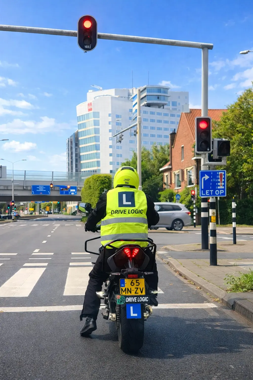 Drive Logic motorrijder bij stoplicht in de stad