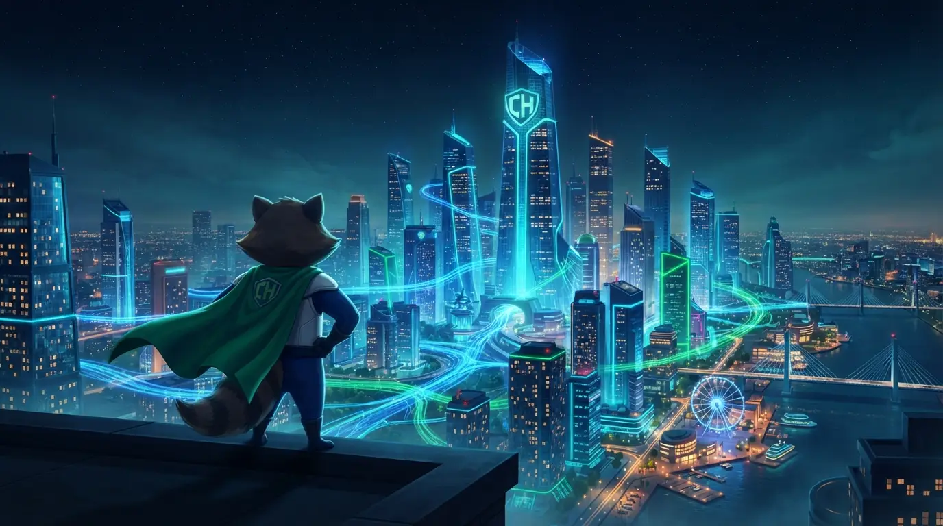 CreditHero overlooking Credit City at night