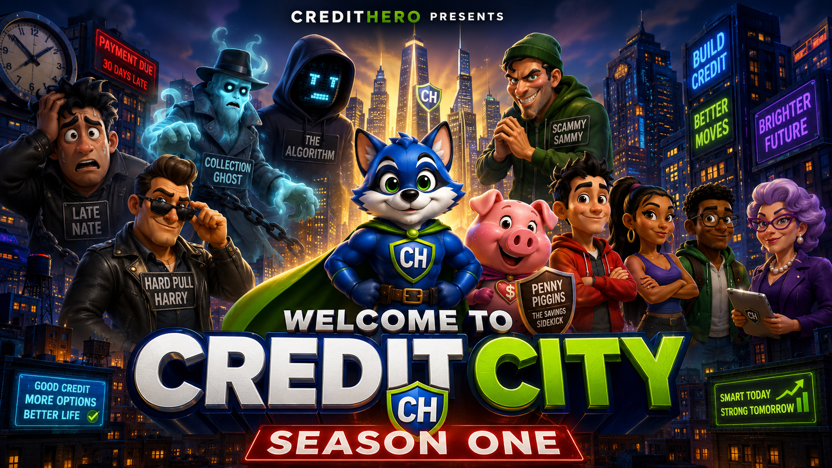 Credit City key art featuring CreditHero and the cast of characters