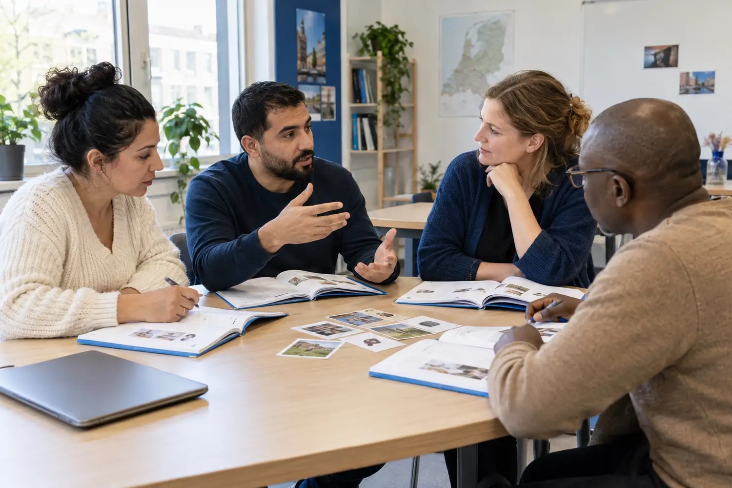 Volwassenen oefenen samen aan tafel met boeken en gesprekskaarten