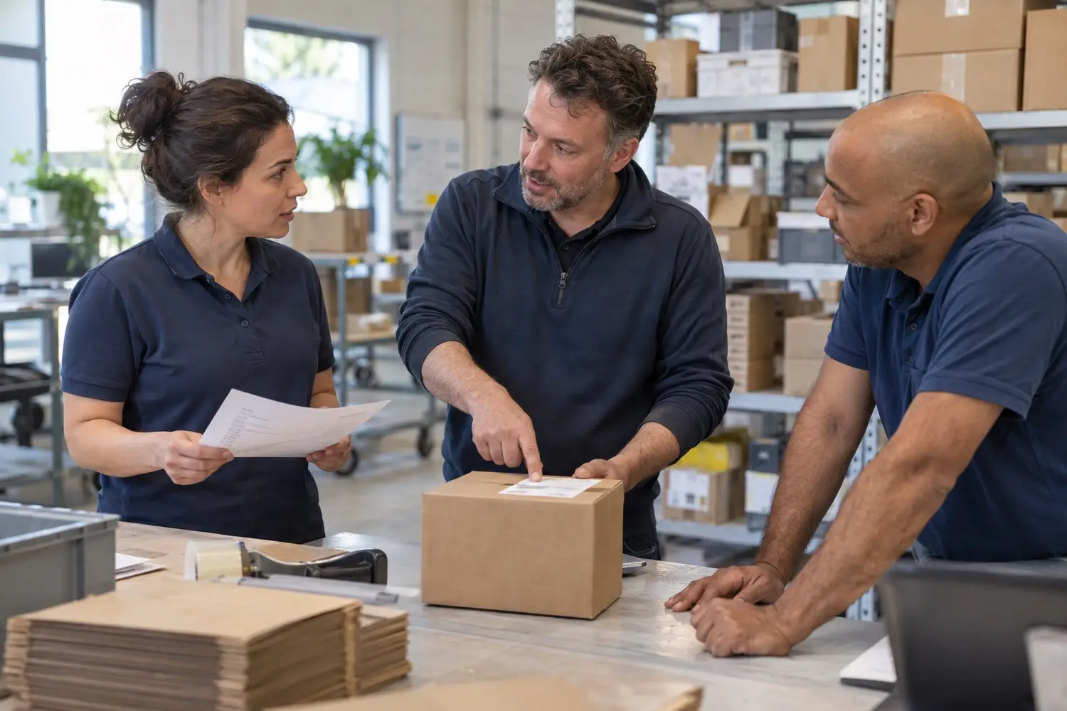 Drie collega’s bespreken samen een werkopdracht aan een inpaktafel