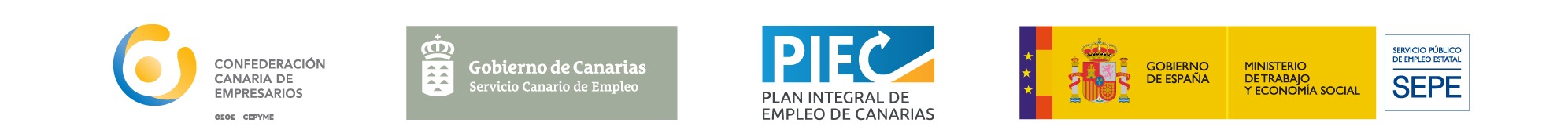 Logos institucionales: Confederación Canaria de Empresarios, Gobierno de Canarias, Plan Integral de Empleo de Canarias, Gobierno de España y Servicio Público de Empleo Estatal (SEPE)