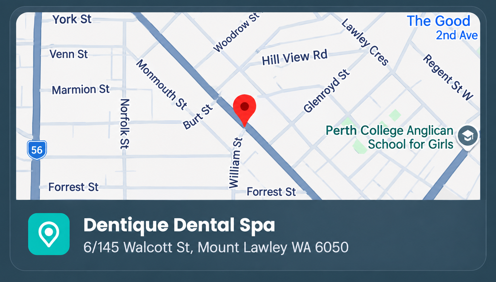 Map showing Dentique Dental Spa location at 6/145 Walcott St, Mount Lawley WA 6050