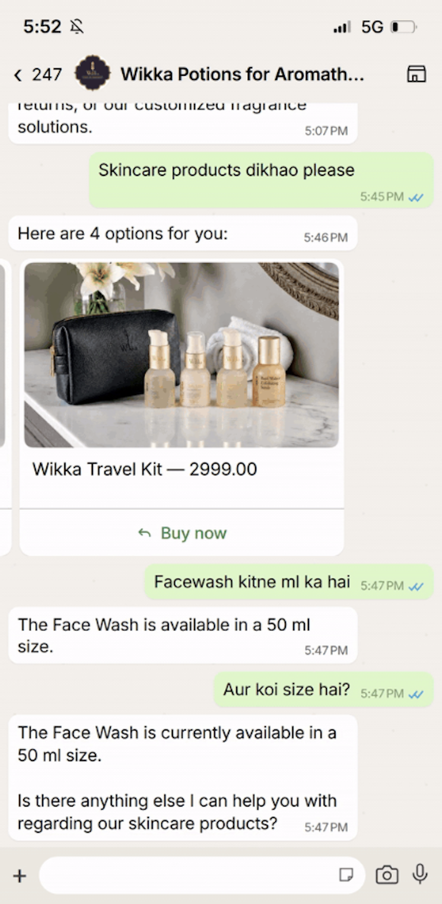 WhatsApp chat between customer and Wikka Potions about skincare products and travel kit