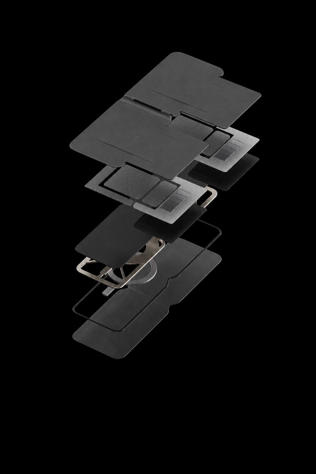 Exploded view of MagShift's internal components: panels, hinge, MagSafe array