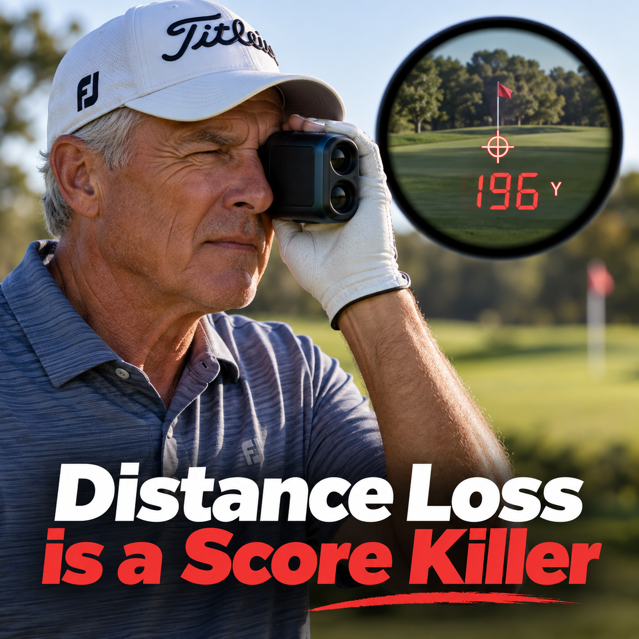 64-year-old golfer using a rangefinder to measure distance — Distance Loss is a Score Killer