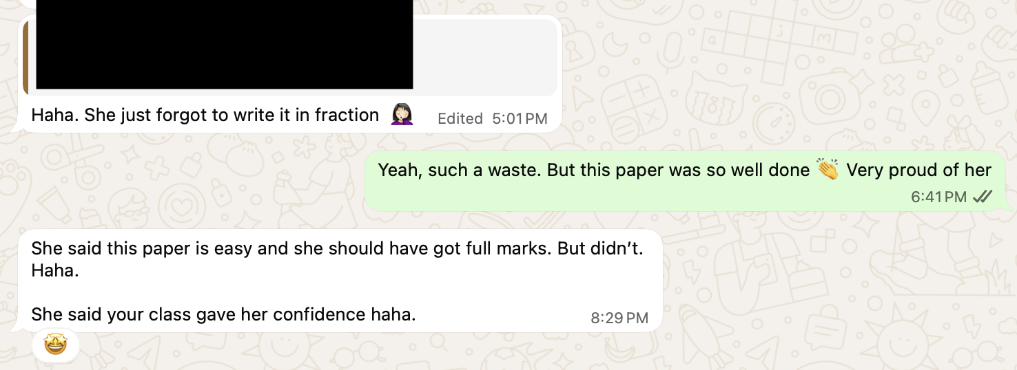 WhatsApp testimonial detailing 29/30 score and confidence