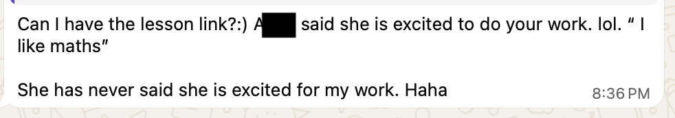WhatsApp chat mentioning excitement to do work (redacted)