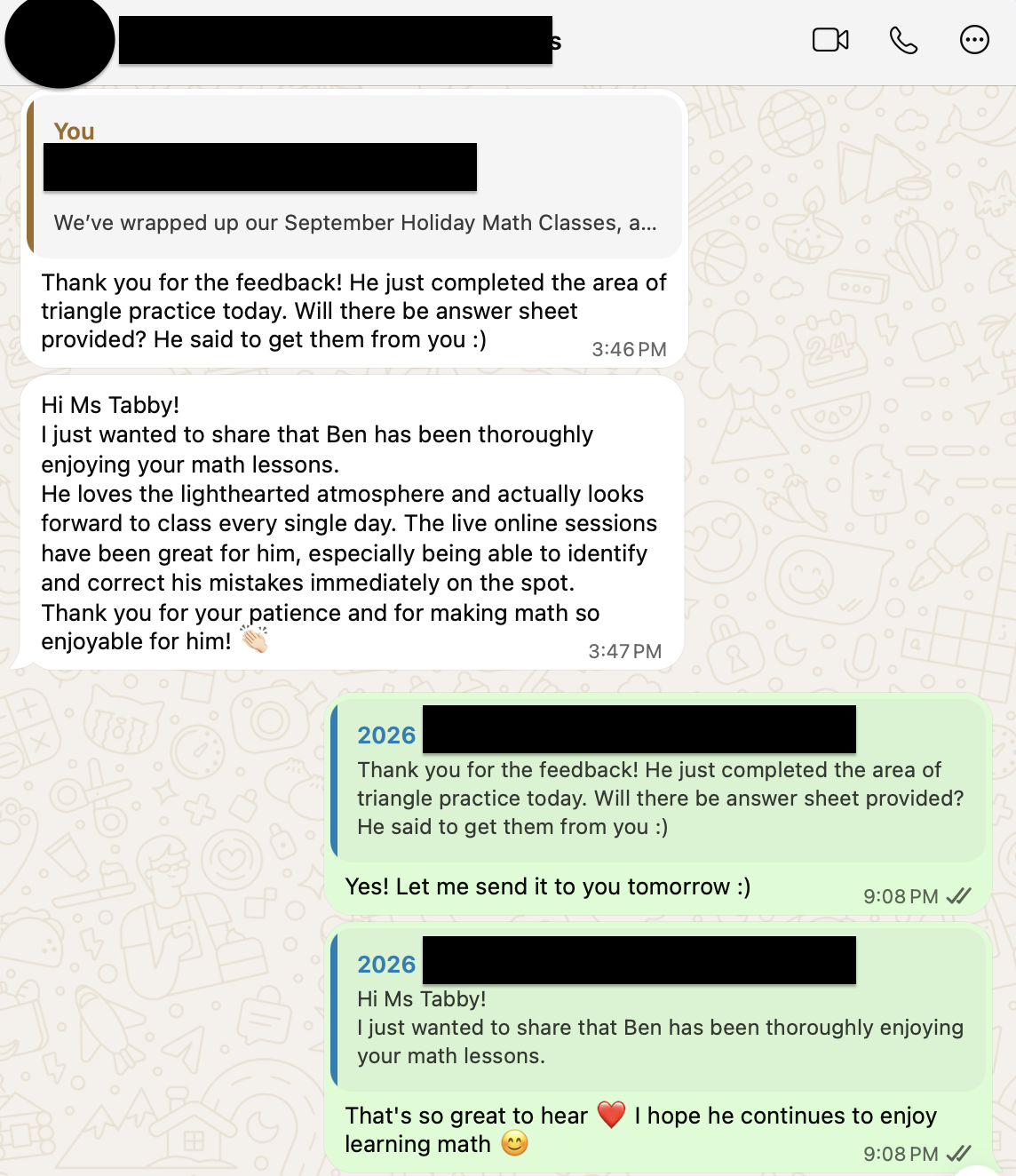 WhatsApp testimonial from Ben's parent