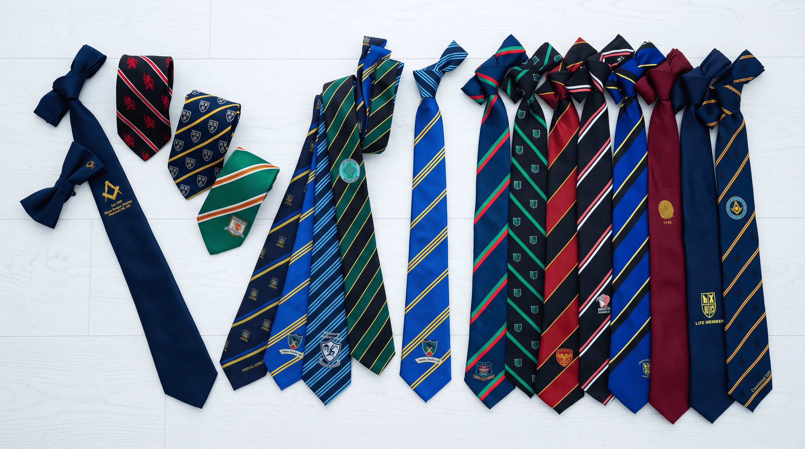 A collection of custom woven club ties and bow ties in various regimental stripes, club crests and school colours