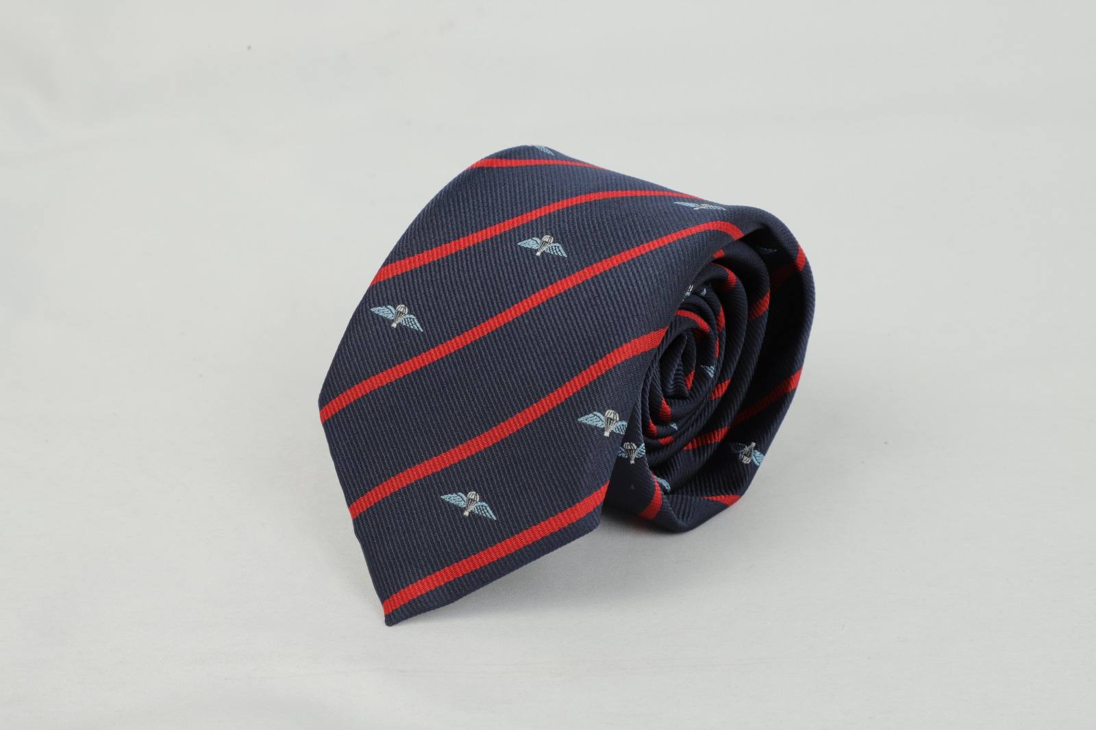 Custom navy and red striped tie with pilot wings badge