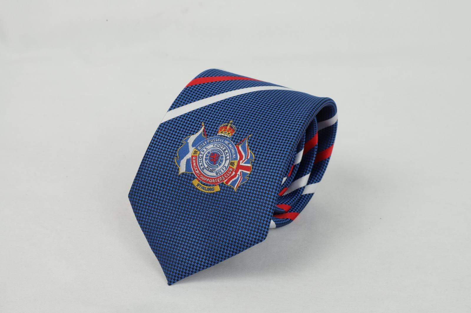 Custom blue tie with red and white stripes and Billy Fussell Memorial Welsh Supporters Club badge