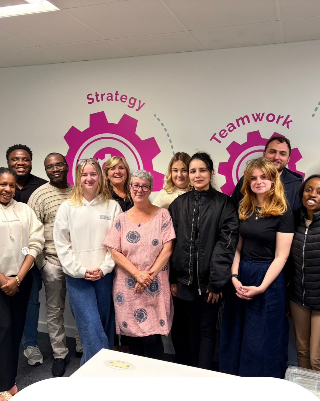 Group of workplace champions standing together in front of Strategy and Teamwork graphics during a Lily Impact training session