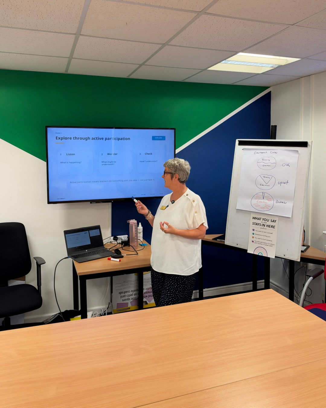 Tracey Hicks leading a live training session, presenting a slide on active participation next to a flipchart on emotional check-ins